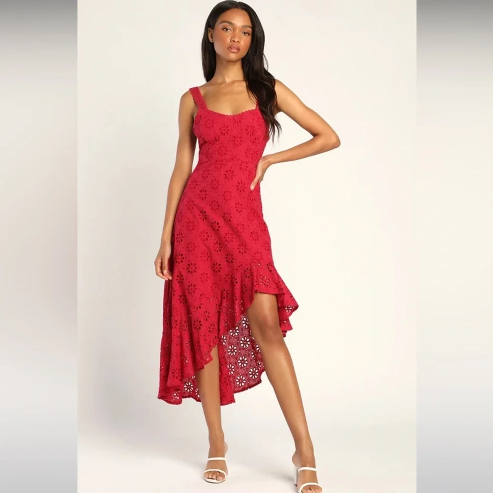 Lulu’s Adoring Days Berry Pink Eyelet Ruffled Asymmetrical Dress - Picture 2 of 12